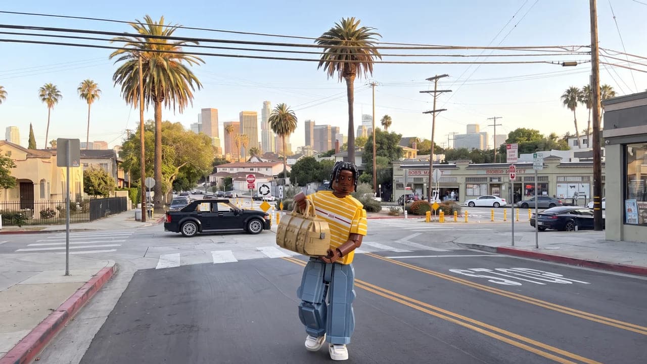 Mężczyzna z torbą podróżną na ulicy Los Angeles